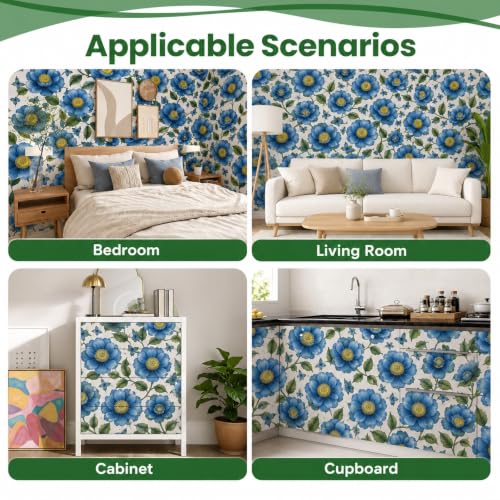 Image of Blue Floral Botanical Peel and Stick Wallpaper - Vintage Flower & Butterfly Self Adhesive Wallpaper Roll for Bedroom, Living Room, Kitchen, Furniture, Cabinets & Home Decor