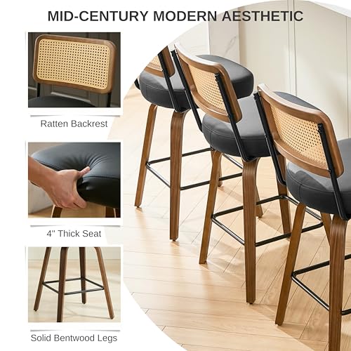 Image of Swivel Bar Stools Set of 2, 26 inch Upholstered Counter Height Bar Stools with Back and Walnut Wood Legs, Faux Leather Barstools for Kitchen Counter, Rattan Black