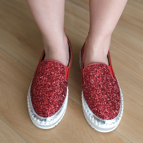 Image of Women's Platform Rhinestones Glitter Fashion Sneakers Comfortable Slip On Flat Loafers Walking Wedding Dress Shoes Casual Shoes