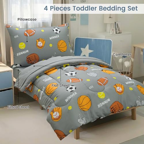Image of david's kids 4 Piece Toddler Bedding Set - Soft Breathable Toddler Bedding Set for Boys Girls, Includes Quilted Comforter, Flat Sheet, Fitted Sheet and Pillowcase, Sports
