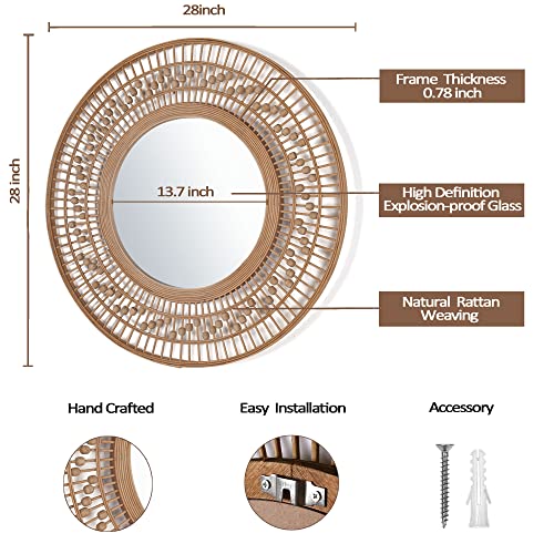 Decoccino Natural Rattan Farmhouse Round Wall Mirror 28" With Wooden Beads, Boho Circle Wicker Mirror For Wall, Rustic Handwoven Hanging Mirror Wall Decor For Bathroom, Living Room, Bedroom, Entryway #TOP4