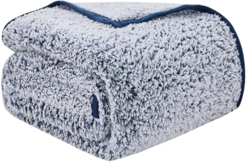 Image of EMME Soft Sherpa Fleece Blanket Reversible Plush Fluffy Large Blanket, Light Weight Warm Decorative Boho Blanket Cover for Sofa, Couch, Bedroom,Travel(Plush Navy,108 inchx90 inch)
