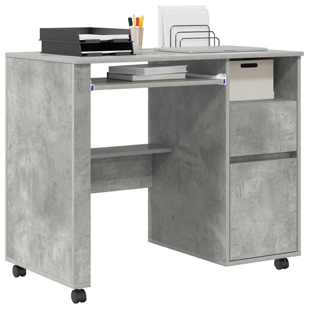 Scrivania Porta PC con Ruote 2 Cassetti 91x50x77 cm Grigio | Tavolo da studio salvaspazio per ufficio o camera con ruote bloccabili e vani portaoggetti.