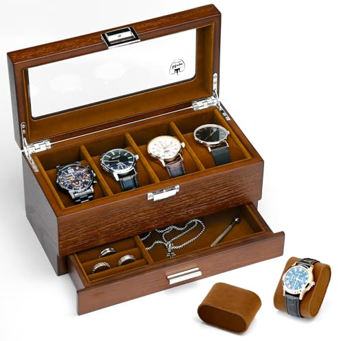 Slege Caja de Relojes de Madera,con 4 Compartimentos de 2 Niveles,Caja para Relojes Hombre,Estuche Relojero Organizador con 1 Cajón,Cubierta de Vidrio,Organizador para Hombres y Mujeres Regalo,Marrón