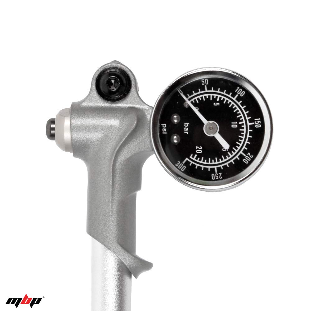 MBP - Bomba de Choque de Alta presión para Bicicleta (300 PSI MAX) con Horquillas Delanteras y suspensión Trasera, Cabezal Especial de Bomba con Bloqueo de Palanca