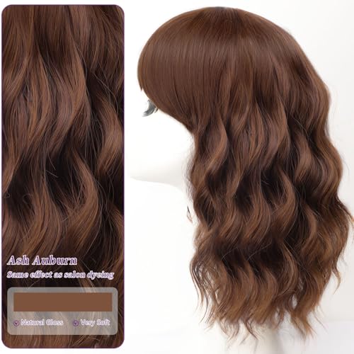 Image of AISI HAIR Synthetic Wavy Curly Bob Wig with Bangs Ash Auburn Short Wavy Hair for Women Synthetic Heat Resistant Bob Wigs