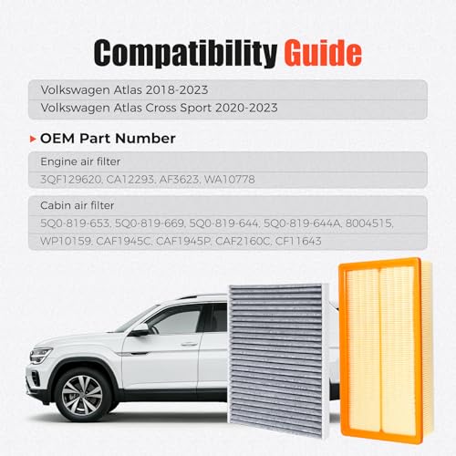 Image of Engine & Cabin Air Filter Kit Compatible with Volkswagen Atlas 2018-2023 Atlas Cross Sport 2020-2023 Replaces 3QF129620 CA12293 CF11643