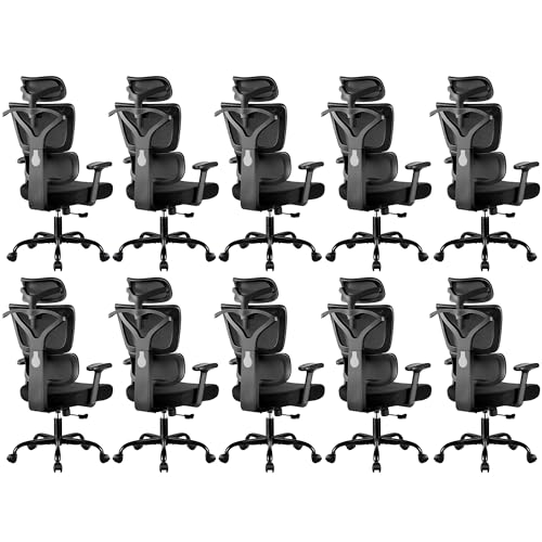 Ergonomic Office Chair High Back Desk Chair with Lumbar Support, Breathable Mesh Computer Chair with Adjustable Armrests Height, Reclining Big and Tall Gaming Chair for Home Office(Black 10Pack)