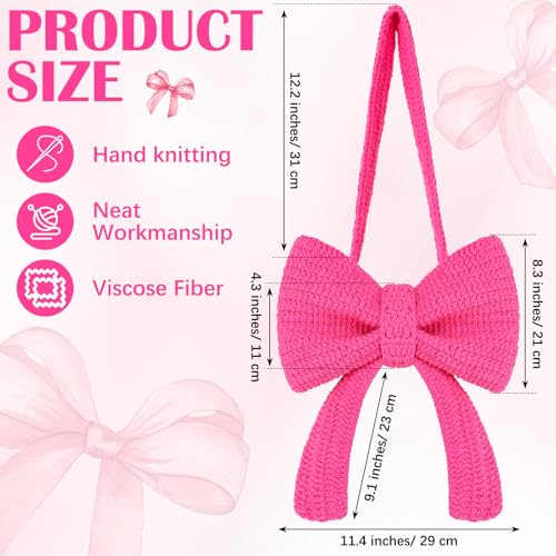 Aliceset Crochet Bow Bag Bright Pink Coquette Beach Tote Bag for Women Cute Aesthetic Knitted Shoulder Handbag Travel Photo Props Gift for Girls Bow Lovers2