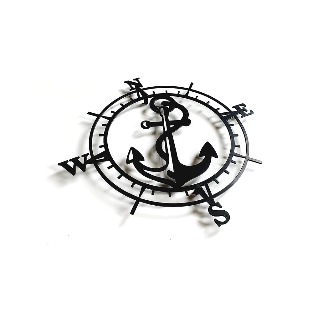 Decorizzly® Kompass aus Metall schwarz Windrose Kompassrose im nautischen Stil, 50cm modern 3D-Wanddekoration, Segeln Marine Wanderlust, Geometrische Wanddeko (Kompass ANCHOR)