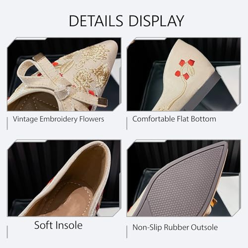 Women's Bow Embroidered Floral Pointed Toe Ballet Flats Slip On Retro Casual Comfortable Soft Dressy Flats for Wedding Party Work3