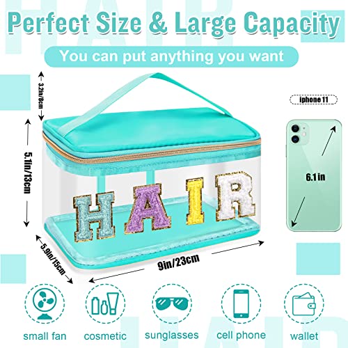 Chenille Letter Clear Makeup Bags Hair Pouch, Preppy Patch Makeup Bag Zipper with Handle, Transparent PVC & Nylon Waterproof Glitter Cosmetic Handbag Travel Toiletry Storage for Women Girl(HAIR-Green)2