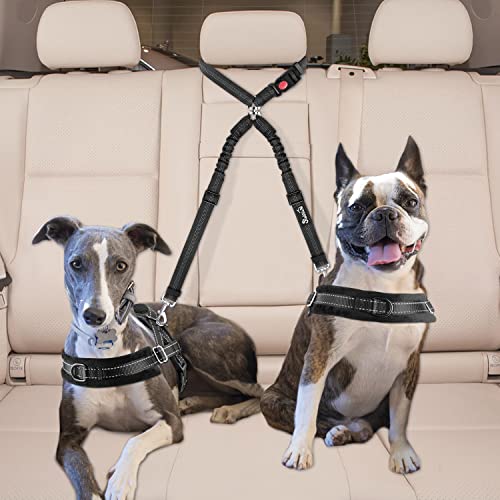 SlowTon Doppelter Anschnallgurt Hund Auto, 2 in 1 verhedderungsfreier langlebiger elastischer Hunde Sicherheitsgurt, Hundegurt mit drehbarem Edelstahl Karabiner für 2 Hunde in der Fahrzeugreise