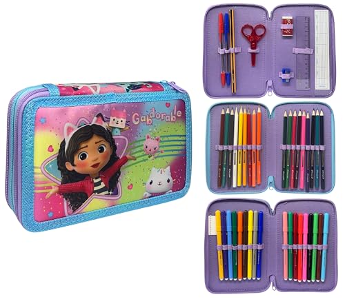 CARTOON Estuche de 3 cremalleras completo de 44 piezas para la escuela, multicompartimento, bolígrafos, lápices, colores, rotuladores Giotto, Gabby's Dollhouse, 20 x 13 x 6 cm, Moderno