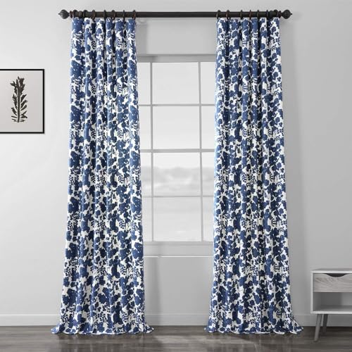 Image of HPD Half Price Drapes Printed Floral Curtains 84 Inches Long Luxury Cotton Curtains (1 Panel) Room Darkening Window Curtains for Bedroom & Living Room, 50W x 84L, Floral Blossom Blue
