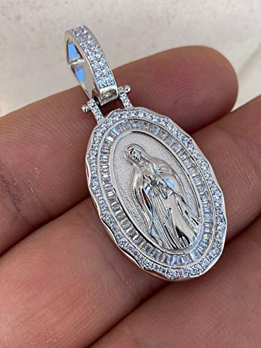 Harlembling Solid 925 Sterling Silver - Natural Silver Or 14K Gold Finish - Mens Or Ladies Virgin Mary Pendant - Fully Iced Baguette Medallion Great For Any Necklace (Natural Silver) #TOP6