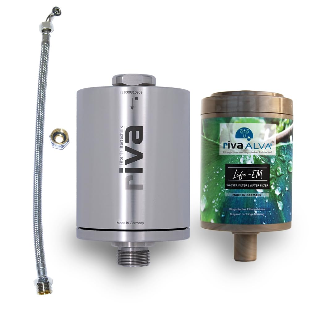 rivaALVA Life EM Edelstahl Wasserfilter Set - Trinkwasserfilter mit Blockaktivkohle, EM-Keramik, bioganischem Kartuschengehäuse und Anschlussset