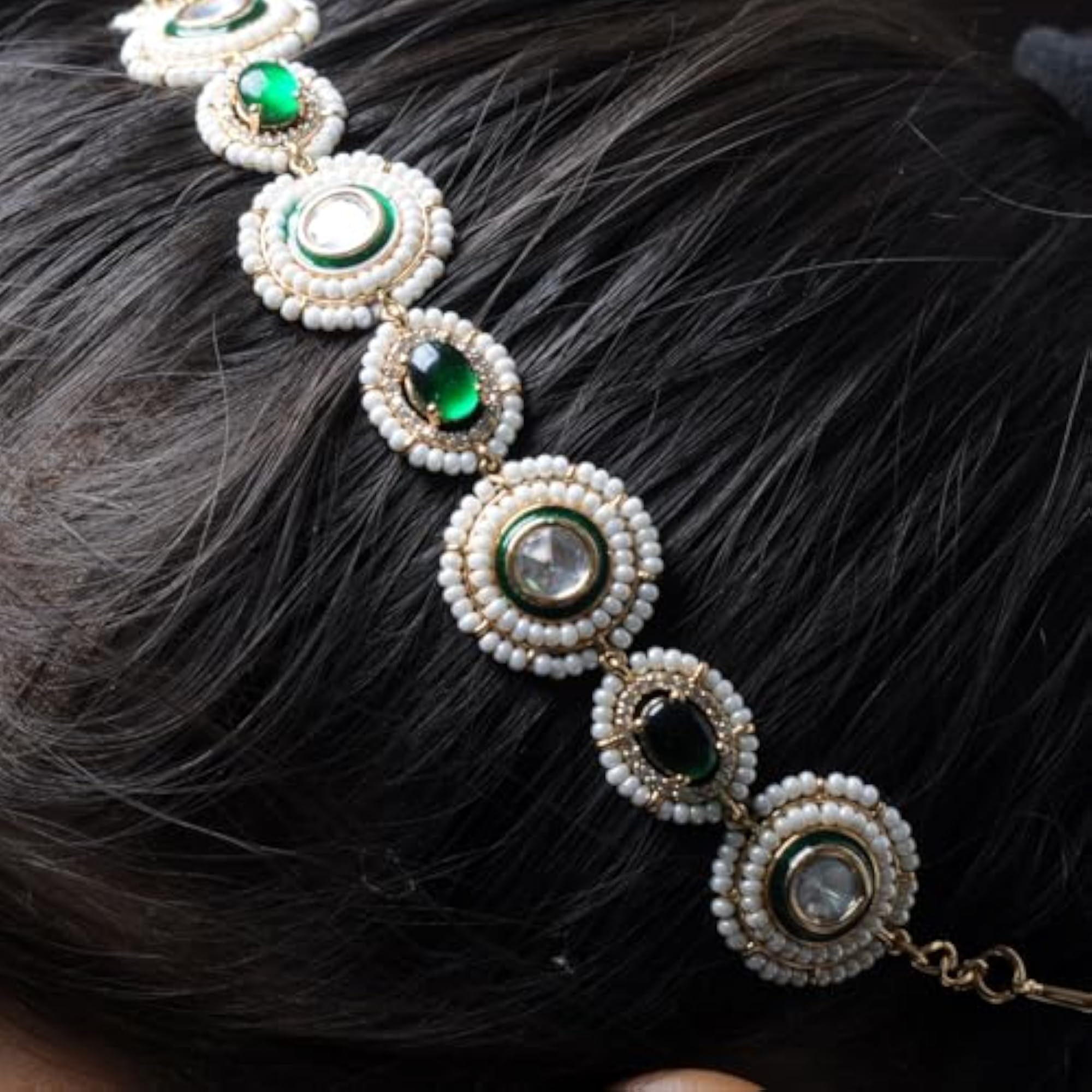 Emerald & White Topaz Matha Patti Head Accessory, Gift for Girls