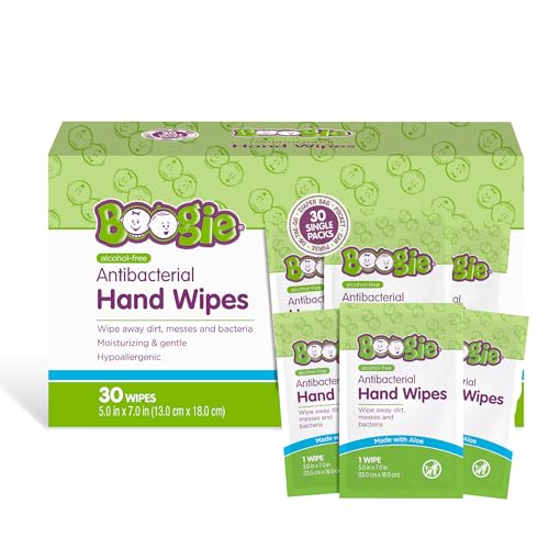 Image of Boogie Antibacterial Hand Wipes - 30 Count - Hypoallergenic & Alcohol-Free - Individually Wrapped - Travel and Diaper Bag Essential