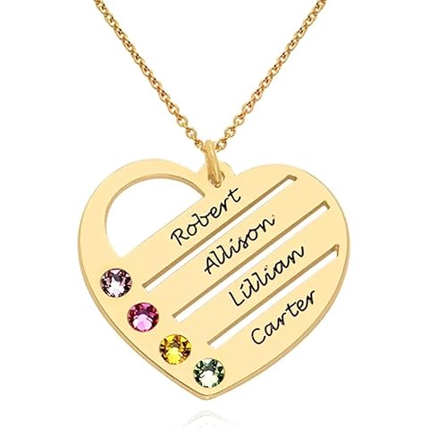 Personalized Heart Necklace with Engraved Names - Sterling Silver, Gold Plated or Solid Gold - With Birthstone or Diamond options - Up to 4 Inscriptions