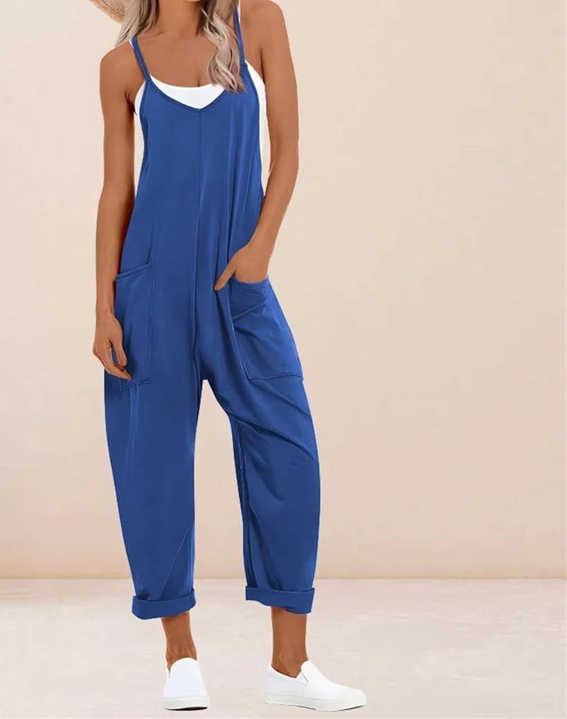 Yeuyyben Overol para mujer, talla grande, sin mangas, cuello en V, pierna ancha, informal, holgado, con bolsillo, para verano, uso diario