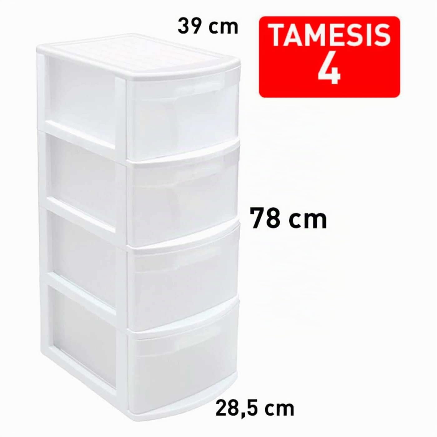 Tradineur – Cajonera Tamesis multiusos de 4 cajones – Sin ruedas – Fabricado en plástico – 78 x 28,5 x 39 cm – Color Blanco