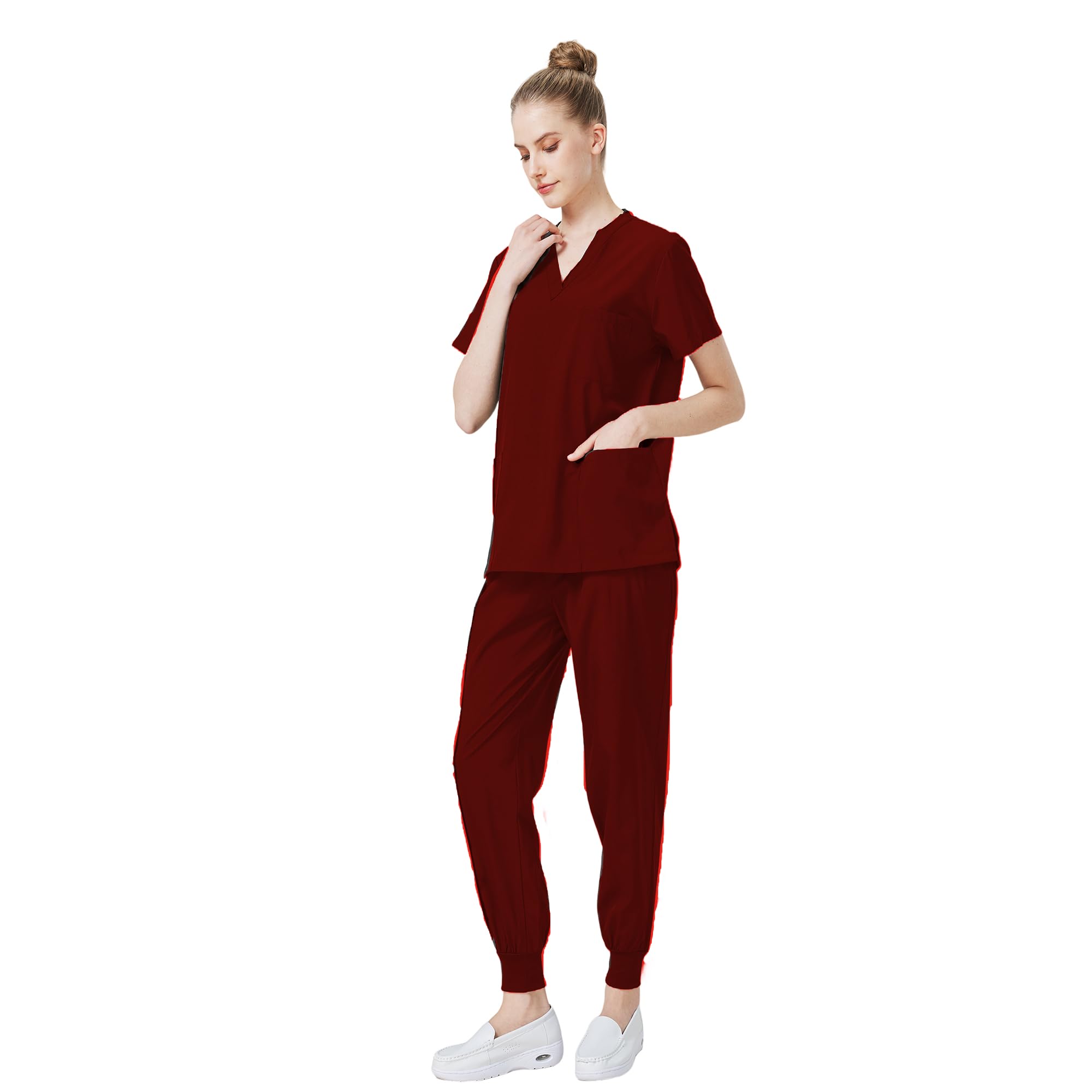 Conjunto Médico 2PCS Uniformes de Trabajo Médico Cuello en V Top de manga corta con 3 bolsillos Pantalones elásticos Secado rápido y absorbente del sudor DK05