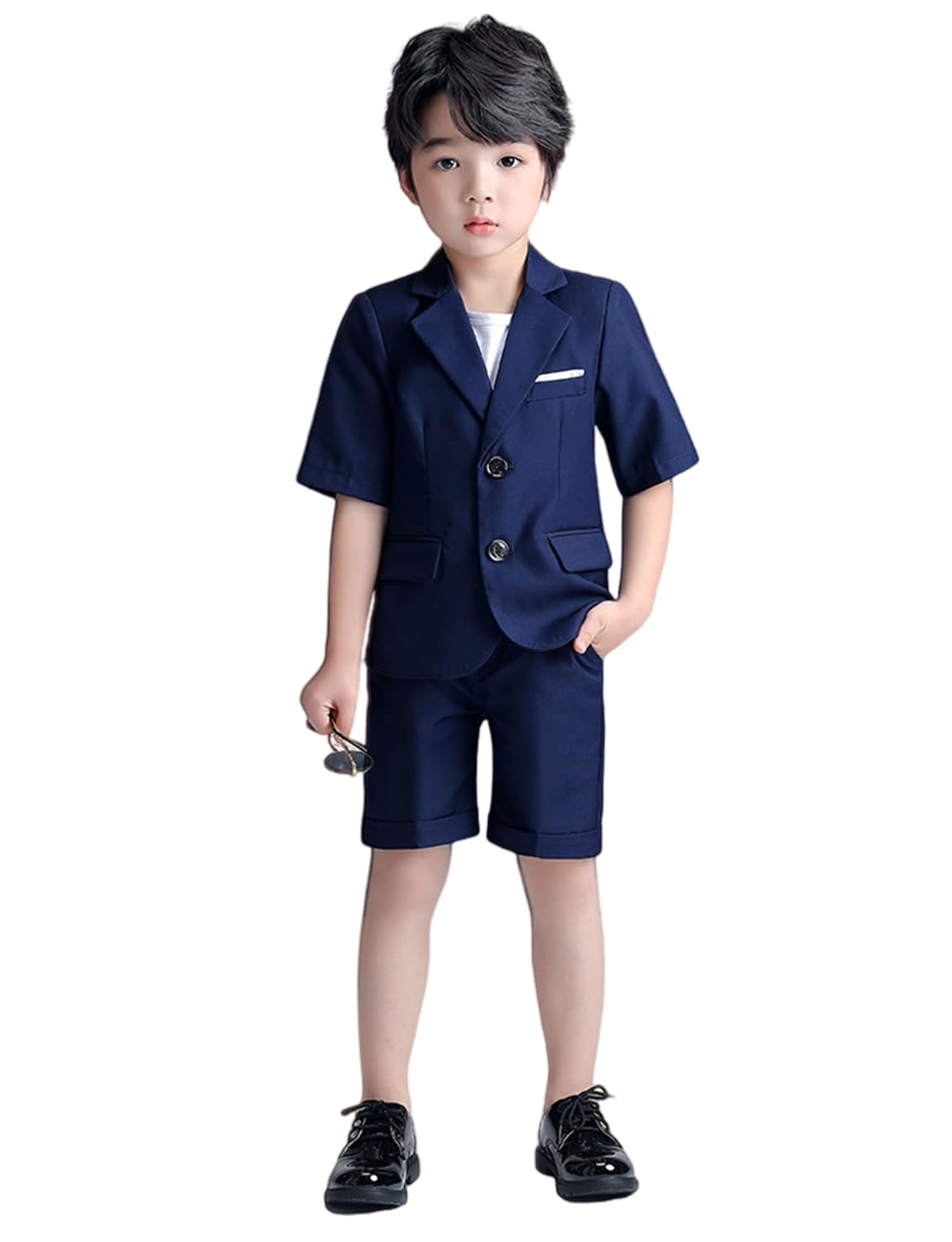 Kromoc Jungen Sommeranzug 2-teilig Zweireihig Smoking Kurze Ärmel Jacke mit kurzer Hose