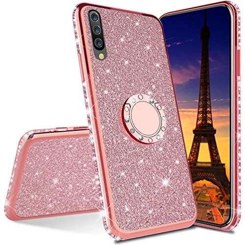 ISADENSER Compatible with Huawei Honor 8X Case Ultra-Slim Glitter Bling Diamond Luxury Plating Silicon TPU Soft Cover with Ring Stand Holder for Huawei Honor 8X,Rose Gold TPU with Stand Holder