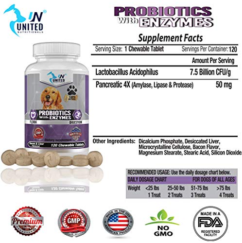United Nutritionals Probiotics With Enzymes For Dogs, Digestive Support, Improves Upset Stomach, Bad Breath, Constipation, 7.5 Bill Cfus - 60/120 Chew-Able Tablets. (60) #TOP2
