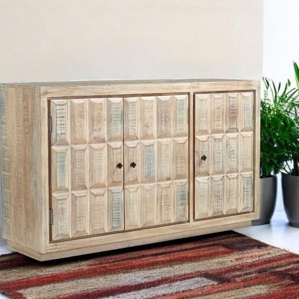 TGF Furniture Store Rustic Wooden Sideboard Cabinet – 3-Door Storage Console with Carved Geometric Pattern – Whitewashed Finish – Vintage Living Room Furniture-image-13