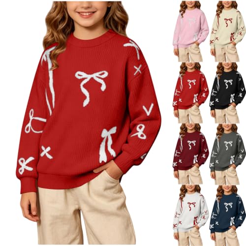 Girls Bow Christmas Sweater Cute Ribbed Crweneck Pullover Sweaters 5-16Y - image 1