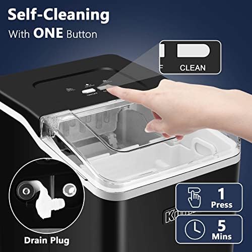 Image showing a hand pressing the clean button on the ice maker and a close-up of the drain plug.