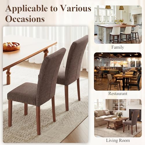 Image of Farmhouse Dining Chairs Set of 2, High Back with Wooden Legs and Nailhead Trim, Modern Fabric Dining Room Chair for Kitchen /Restaurant