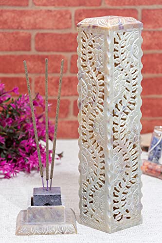 Crocon Handmade Incense Tower Burner Soapstone Leaf Design Tea Light Candle Holder | Incense Burner | Livingroom Decorative And Home Decor Best Gift Set - 3X3X11 Inch #TOP9