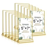 Acrylic Gold Sign Holders 5x7, 12 Pack Wedding Gold Table Number Holders, Double Sided Photo Display Picture Frame Paper Stand, Clear Flyer Stand Menu Holder for Wedding, Home, Party, Restaurant Brand
