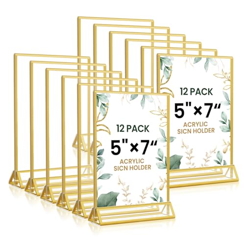 Acrylic Gold Sign Holders 5x7, 12 Pack Wedding Gold Table Number Holders, Double Sided Photo Display Picture Frame Paper Stand, Clear Flyer Stand Menu Holder for Wedding, Home, Party, Restaurant Brand