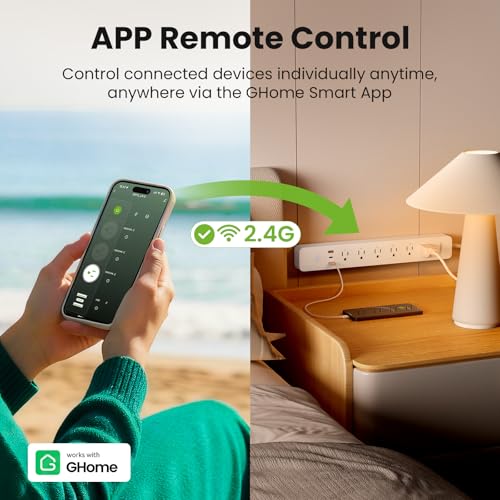 Image of GHome Smart Power Strip with Energy Monitoring, 6 WiFi Outlets & 30W USB-C Fast Charging, Works with Alexa & Google Home, Flat Plug Surge Protector, 2.4GHz WiFi Only, No Hub, 7.2ft Extension Cord