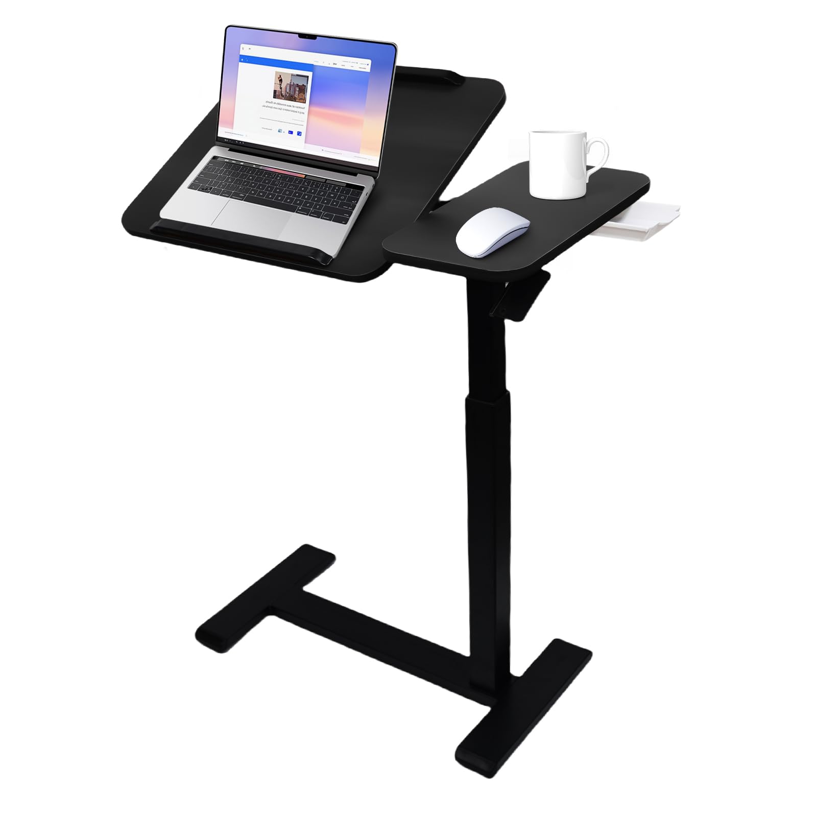 Adjustable Pneumatic Overbed Bedside Table with 360° Hidden Casters, Mobile Laptop Computer Standing Desk with Tilting Tabletop & Split Design,