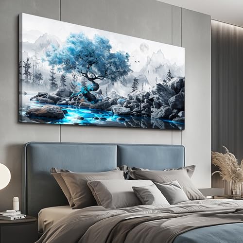 FUHAIHUA Large Wall Decor For Living Room Canvas Wall Art For Bedroom Office Decor Black And White Wall Pictures Artwork Blue Tree Landscape Painting Ready To Hang Hotel Room Home Decoration 24x48