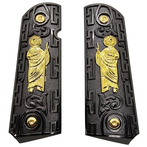 Luxury 1911 Grips Full Size for Colt Rock Island Springfield Taurus & Clones Black Gold Finish, fits Standard Government 1911 Models, 1911 SAN Judas ST. Jude, Ambi Safety Cut