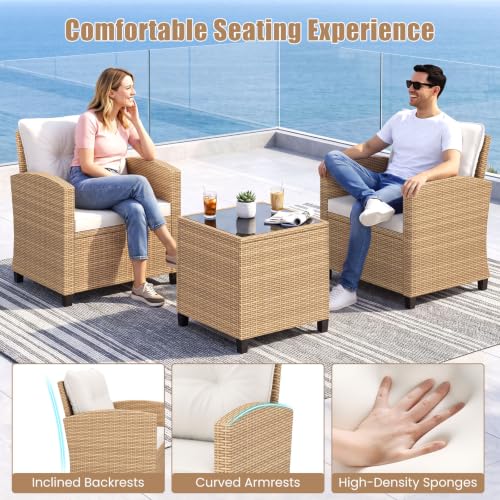Image of Tangkula 3 Pieces Patio Furniture Set, PE Rattan Wicker 3 Pcs Outdoor Sofa Set w /Washable Cushion and Tempered Glass Tabletop, Conversation Furniture for Garden Poolside Balcony (Light Brown -White)