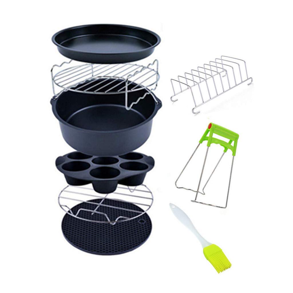 Mcbbigxw Universal Home Air Fryer Accessories Set,Fit 2.3L-4.5L, 9 Pack Including Cake Pan/Pizza Pan/Metal Holder/Multi-Purpose Rack/Silicone Mat/Toast Rack/Brush/Clamp/Mold with Lid