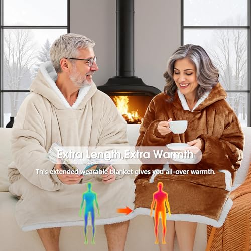 JOYWOO Beige Oversized Wearable Blanket Hoodie, Cat lovers Long Hoodie Blanket for Adult,Birthday Gifts for Women Mom Grandma,Cozy Sherpa Hooded Blanket Giant Pocket Winter Gifts,Beige,Oversize
