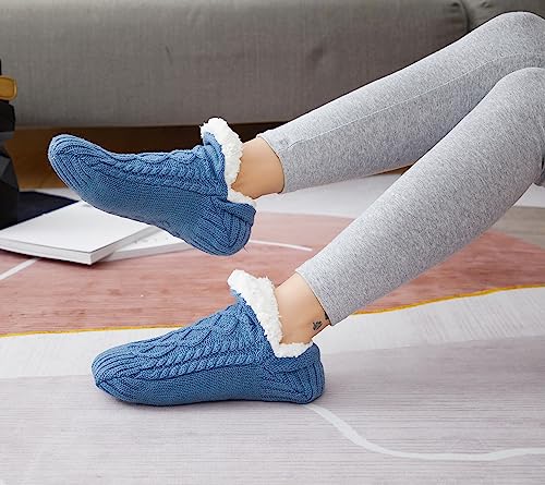 Image of Women Knitted Slipper Socks Cozy Sherpa Fuzzy Socks Non Slip Socks Winter Indoor Double Layer Bedroom Slipper Socks