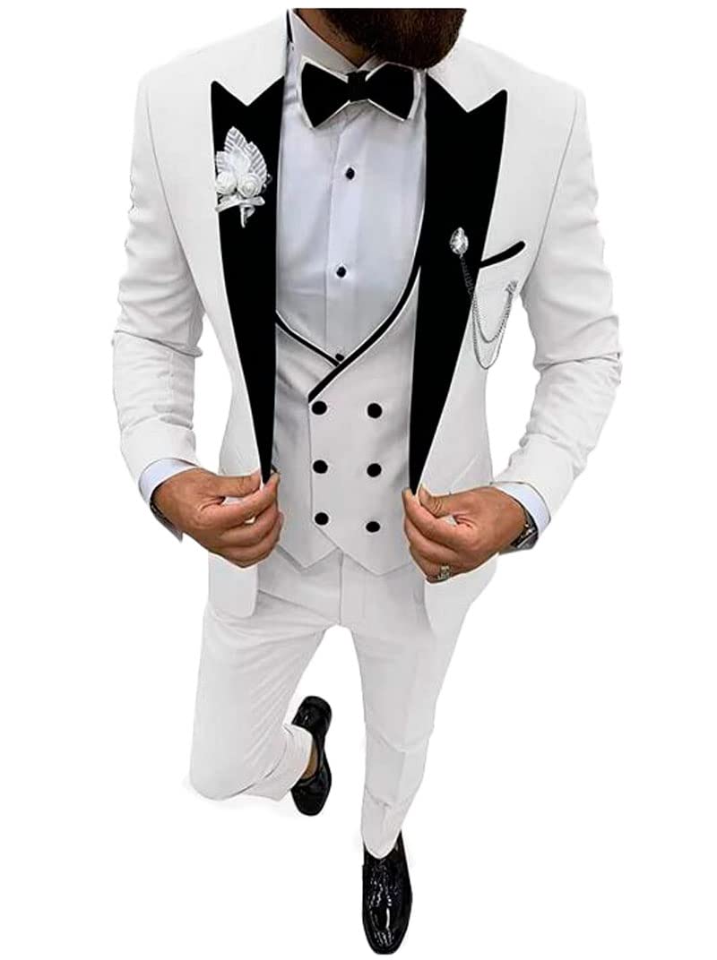 Botong Men's White 3 Pc Notch Lapel Wedding Suits Single Breasted Groom Tuxedos Business Suit Casual Wear Jacket Pants Vest Suit Set 36 Chest / 30 Waist