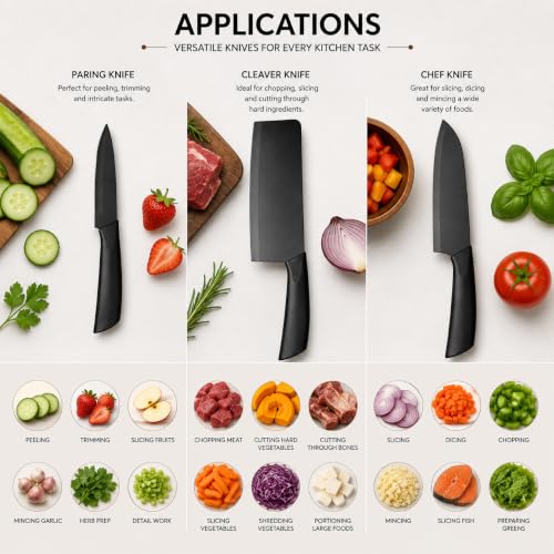 Image of Kitchen Knife Set with Wood Chopping Board (3+1) Ultra Sharp Steel Black Coated Blade with Cover & Anti-Slip Handle | Effortless Cutting | Durable Knife-Friendly Serving & Cutting Board | Ultra-Sharp Blades, Chef, Meat Cleaver & Utility Knife, Eco Friendly Multipurpose Cutting Board, Premium Quality