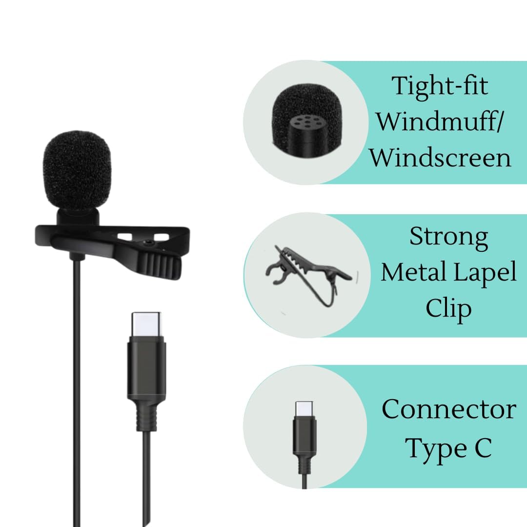 ELFOG Type-C Lavalier Mic,1.5 Mtr Length Suitable for DJI Osmo Action 6/5/4/3,Pocket 3 Sport Camera Accessories Moto Vlogging Helmet Mic 2