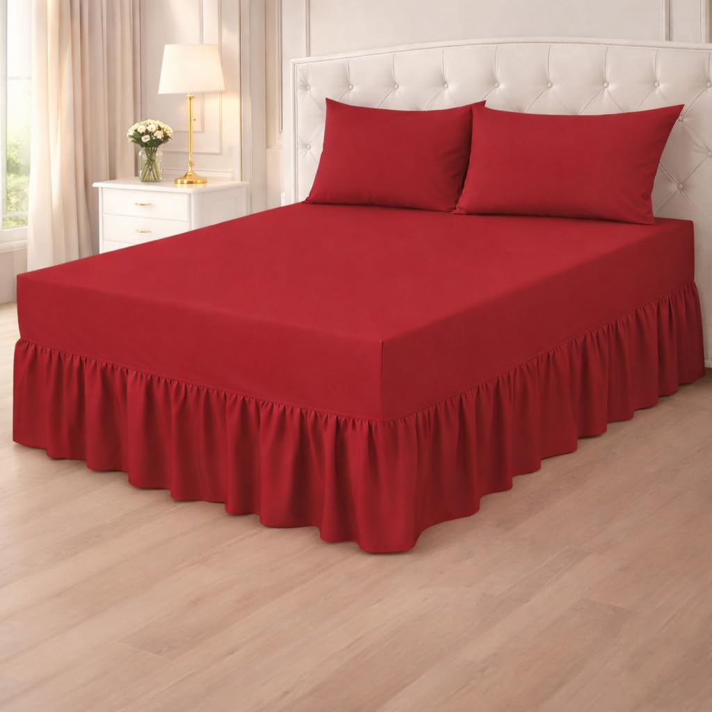 CHILIMILII Plain Poly cotton Extra Deep Frilled Valance Fitted Sheet, Easy Care Fitted Valance Sheet in Red, King Size, Percale Quality