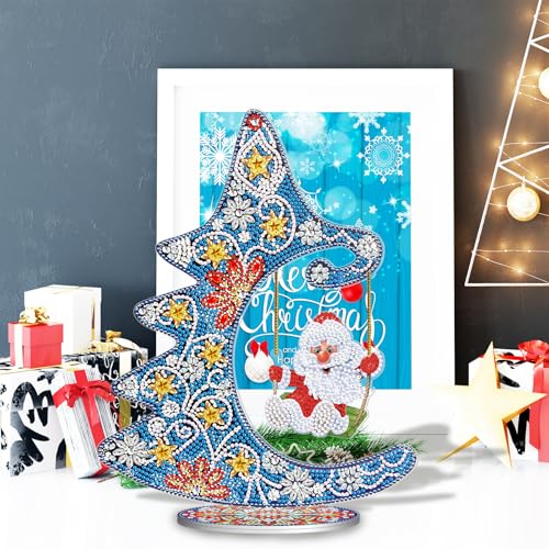 Image of AiYuanzsh Christmas Tree Diamond Art Tabletop Ornament with Santa Hanging Charm, Acrylic Diamond Painting Desktop Decoration Kit, DIY Holiday Diamond Art Crafts Kits for Adults, 9.06 x 11.61 inch